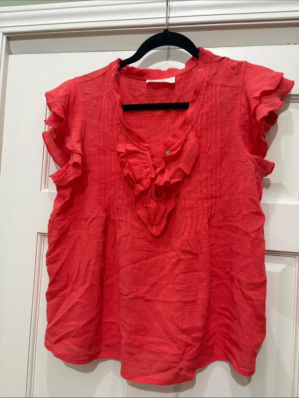By Together Coral-Red Ruffle V-Neck Blouse